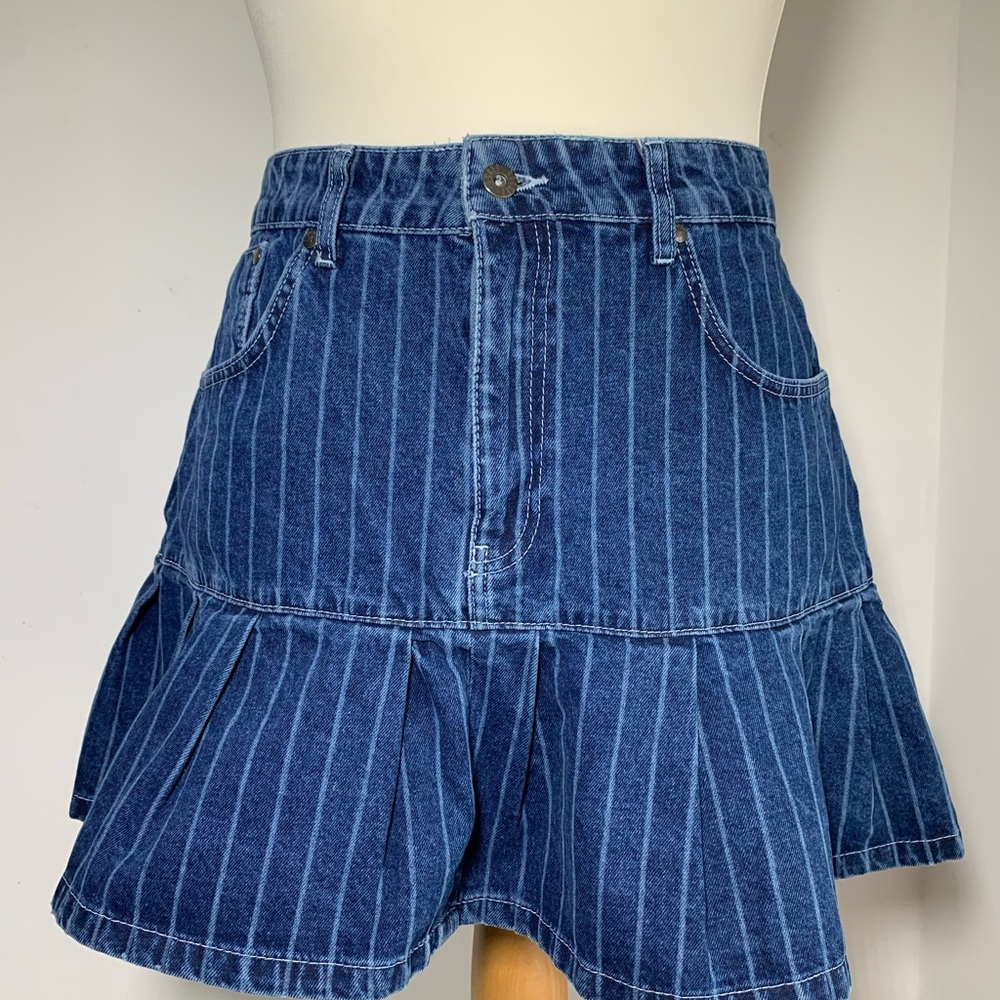 Ragged Priest Blue Denim Mini Skirt Pinstripe Flare With Pleats Waist 34" UK 16 - Picture 2 of 14